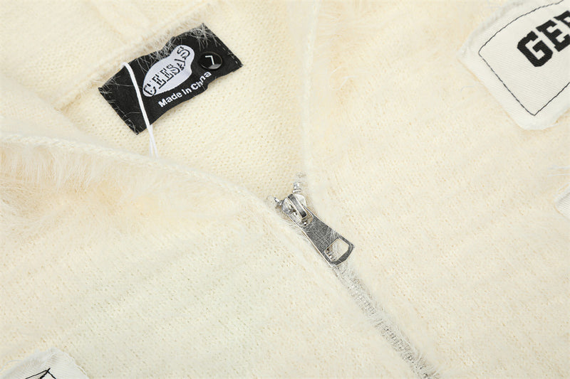 Fuzzy Knit Zip-Up Hoodie with Animal Patches – Streetwear Cardigan
