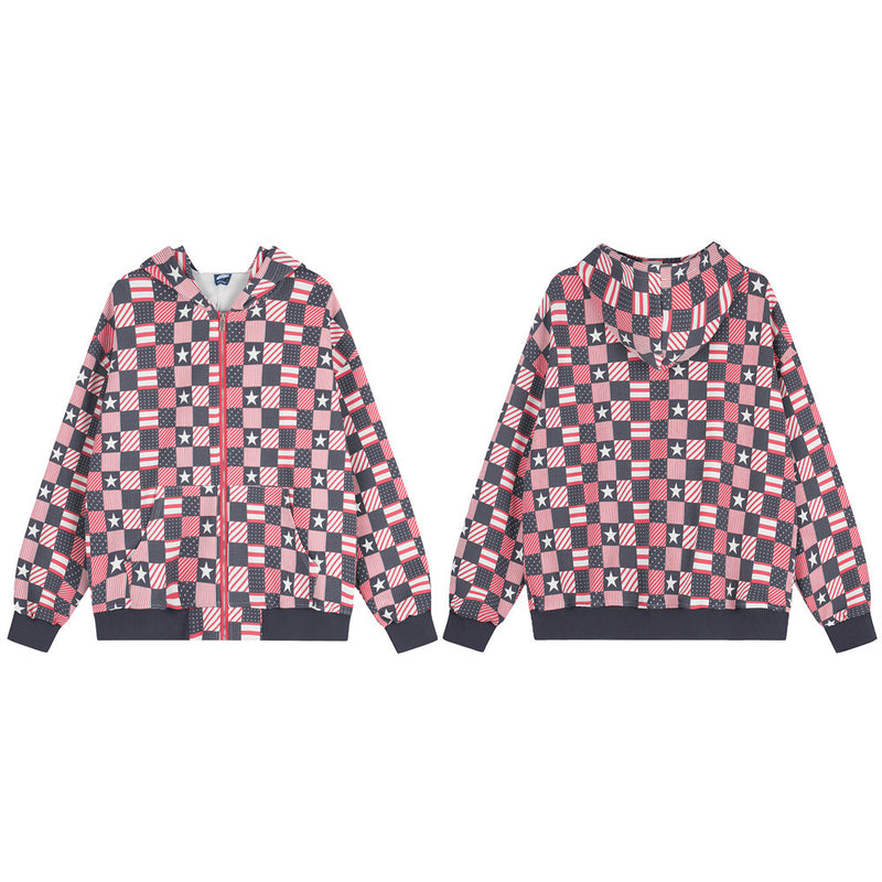 Checkerboard American Flag Print Zip-Up Hoodie Jacket – Oversized Stars &