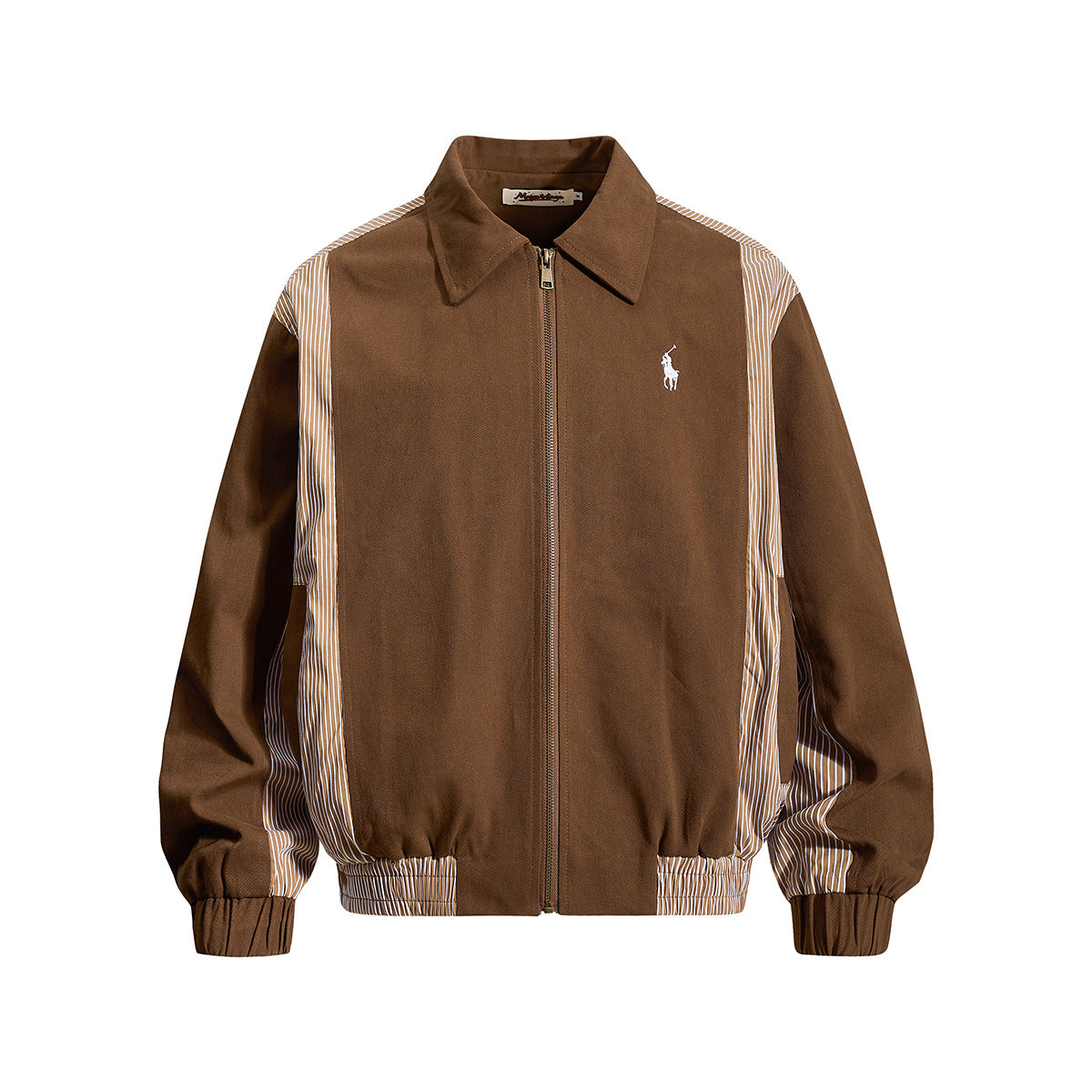 Braune Retro-Colorblock-Zip-Bomberjacke mit beigefarbenen und weißen vertikalen Streifenpartien sowie besticktem Polo-Pony-Logo