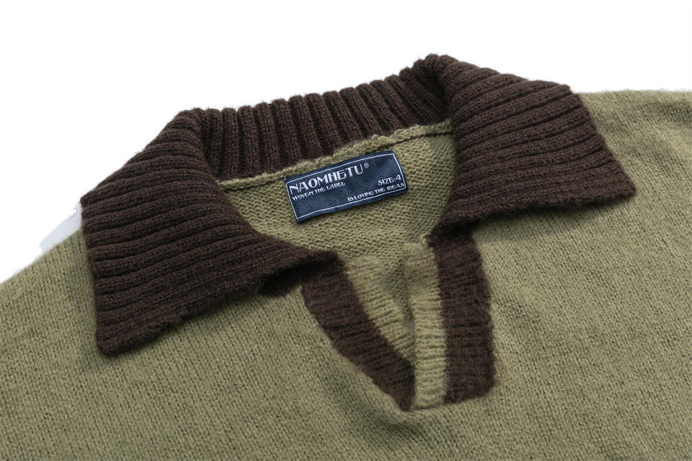 Oversize-Strickpullover mit Cartoon-Hund, Colorblock-Polokragen und langen Ärmeln für Herren