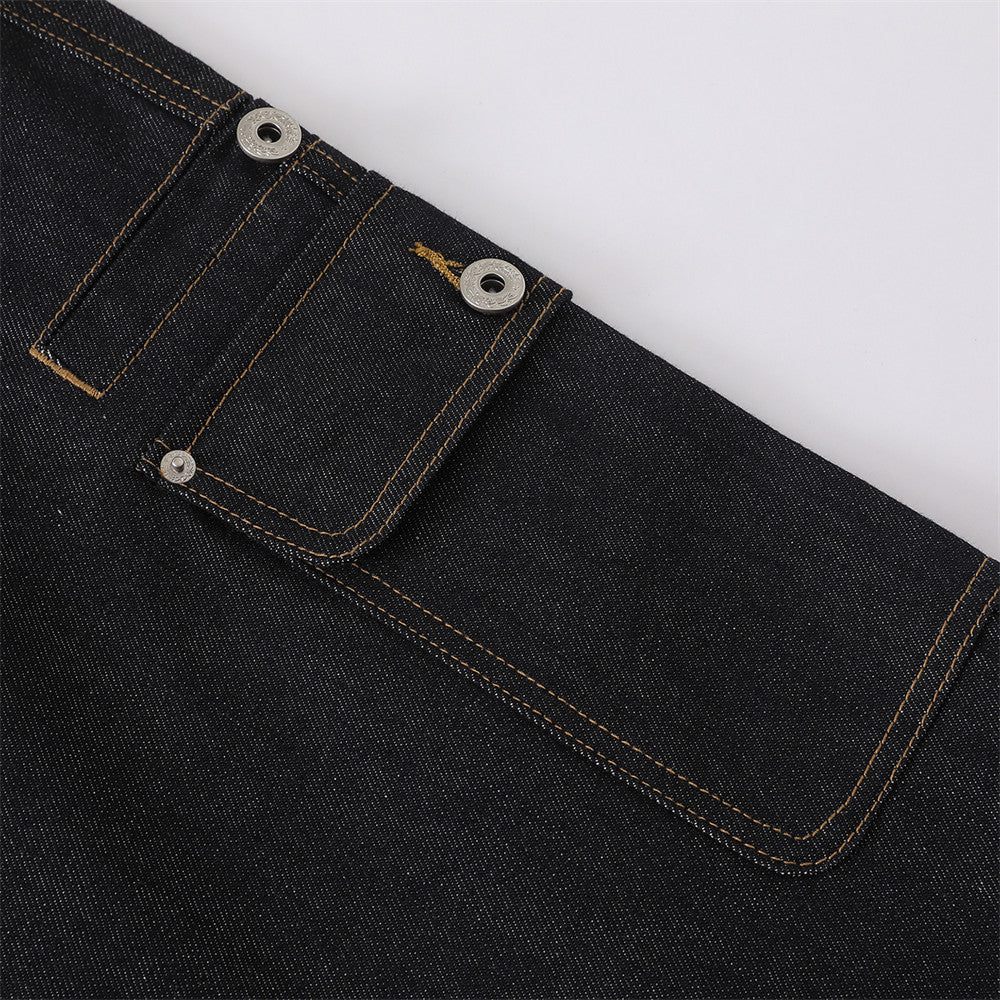 Men's Black Cargo Denim Jeans Wide-Leg Straight Fit with Large Pockets