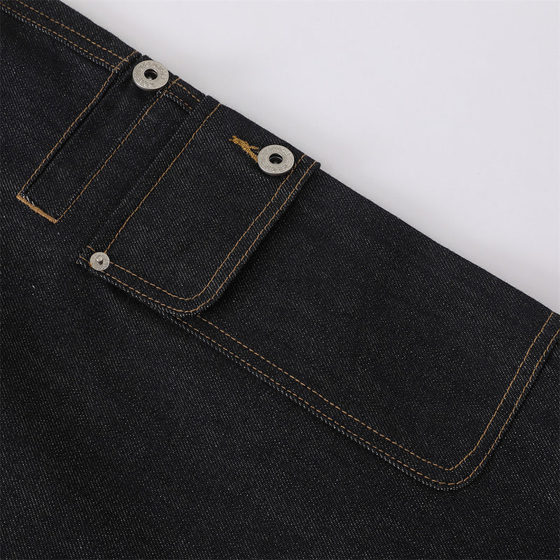 Men's Black Cargo Denim Jeans Wide-Leg Straight Fit with Large Pockets