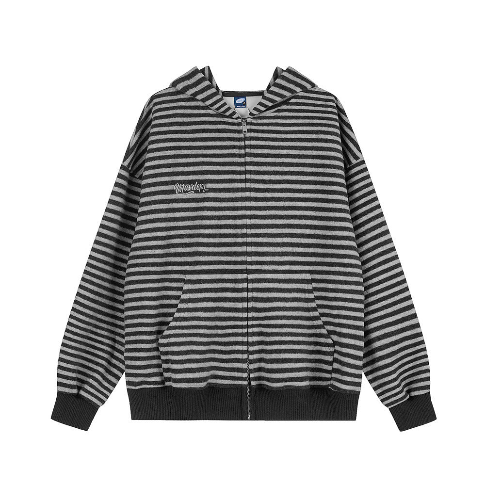 Herren-Zip-Hoodie – gestreifter Oversized-Fleece-Sweatshirt mit Reißverschluss