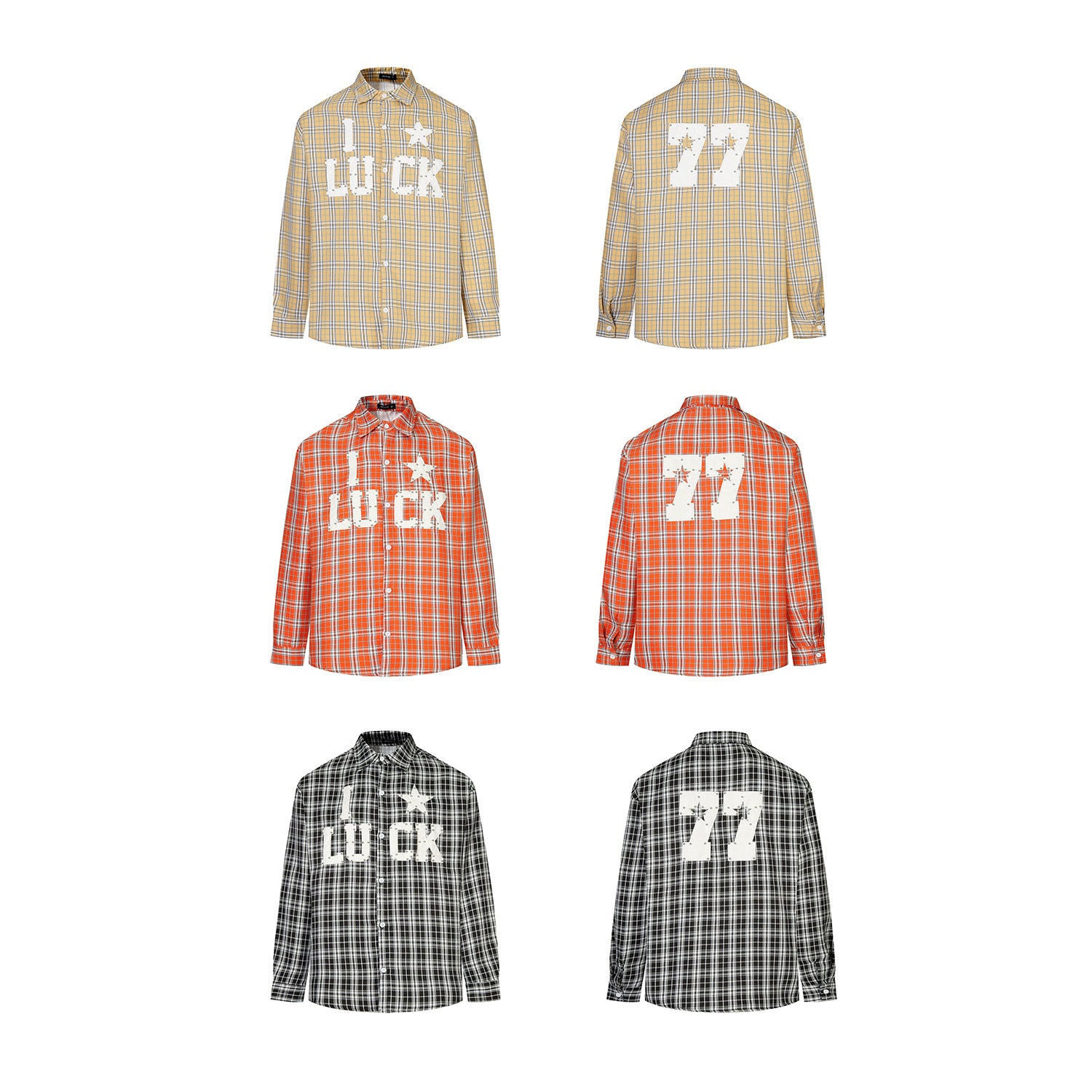 Designer Long Sleeve Shirt – Plaid Studded 'LUCK' Star Graphic, Relaxed Fit
