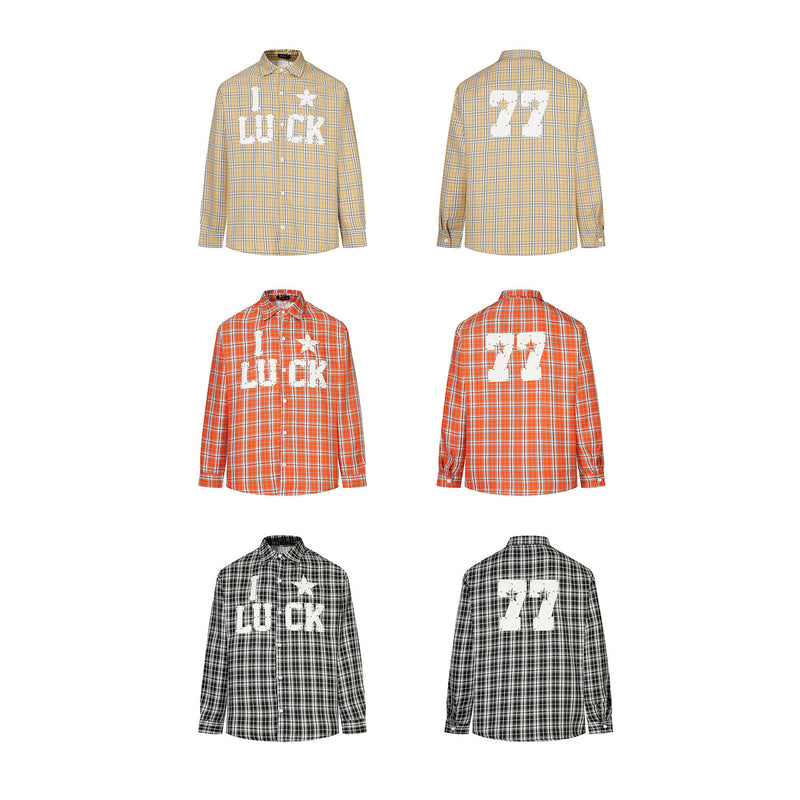 Designer Long Sleeve Shirt – Plaid Studded 'LUCK' Star Graphic, Relaxed Fit