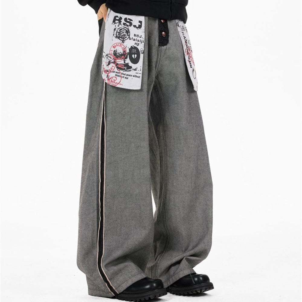 Men's Wide-Leg Straight Jeans – High-Street Graphic Patch, Button Fly, Contrast