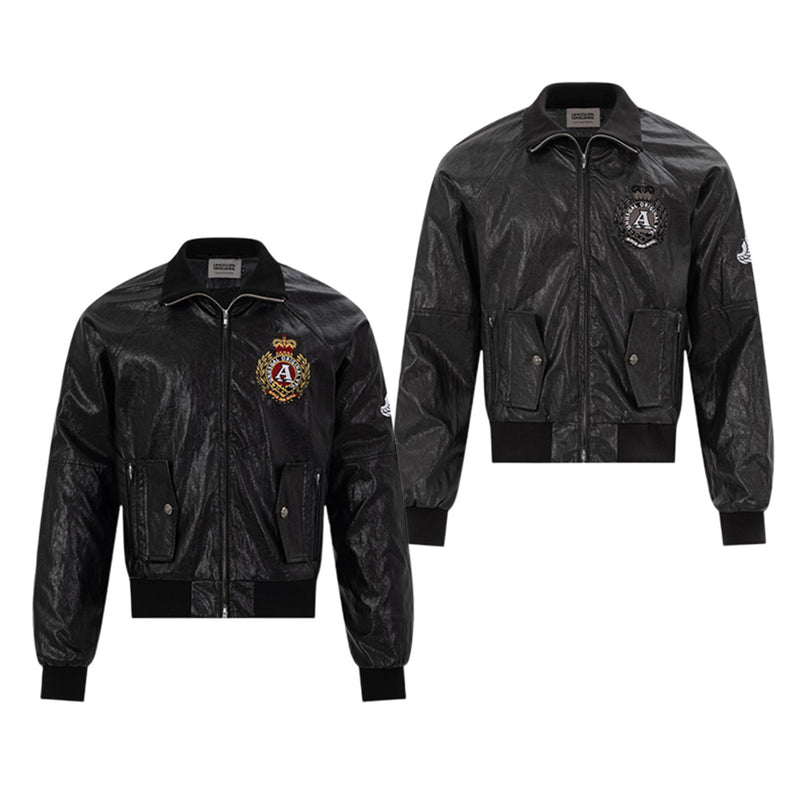 Blouson bomber en similicuir PU brodé – Style vintage racing et flight américain