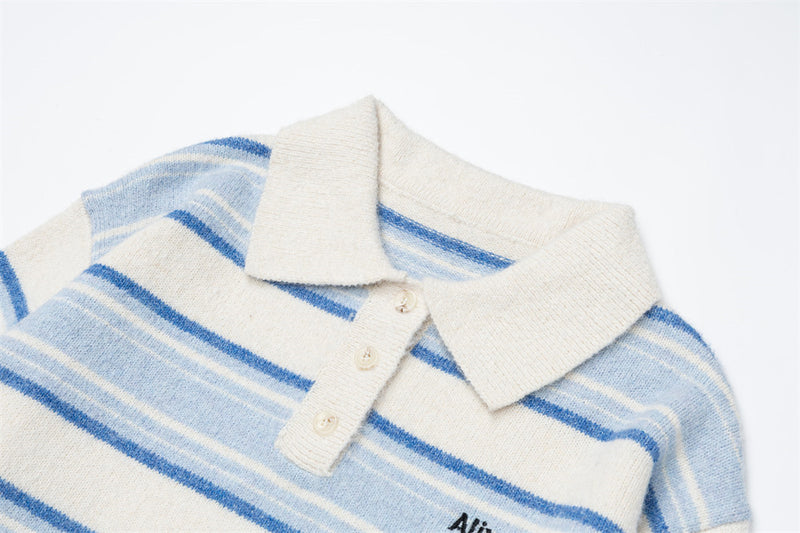 Striped Polo Collar Knit Sweater – Blue & White Horizontal Stripe Pullover