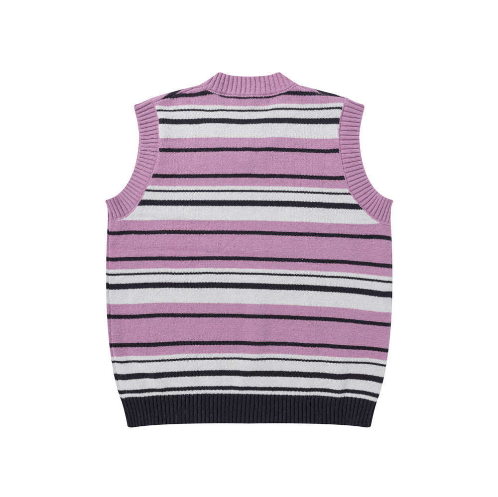 Striped V-Neck Sweater Vest with Dog Embroidery – Relaxed Fit Knit