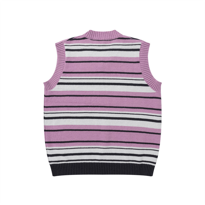 Striped V-Neck Sweater Vest with Dog Embroidery – Relaxed Fit Knit