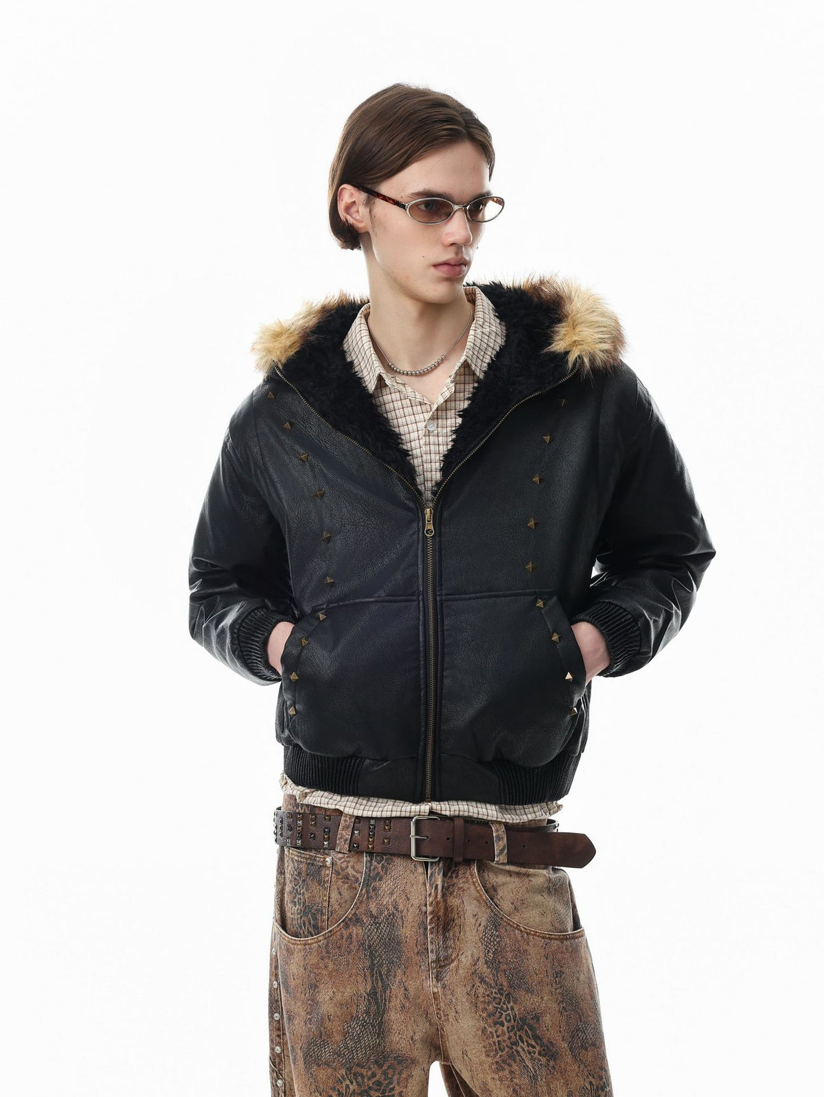 Leather Jacket Fur Collar Studded Hooded Bomber Jacket with Fleece Lining