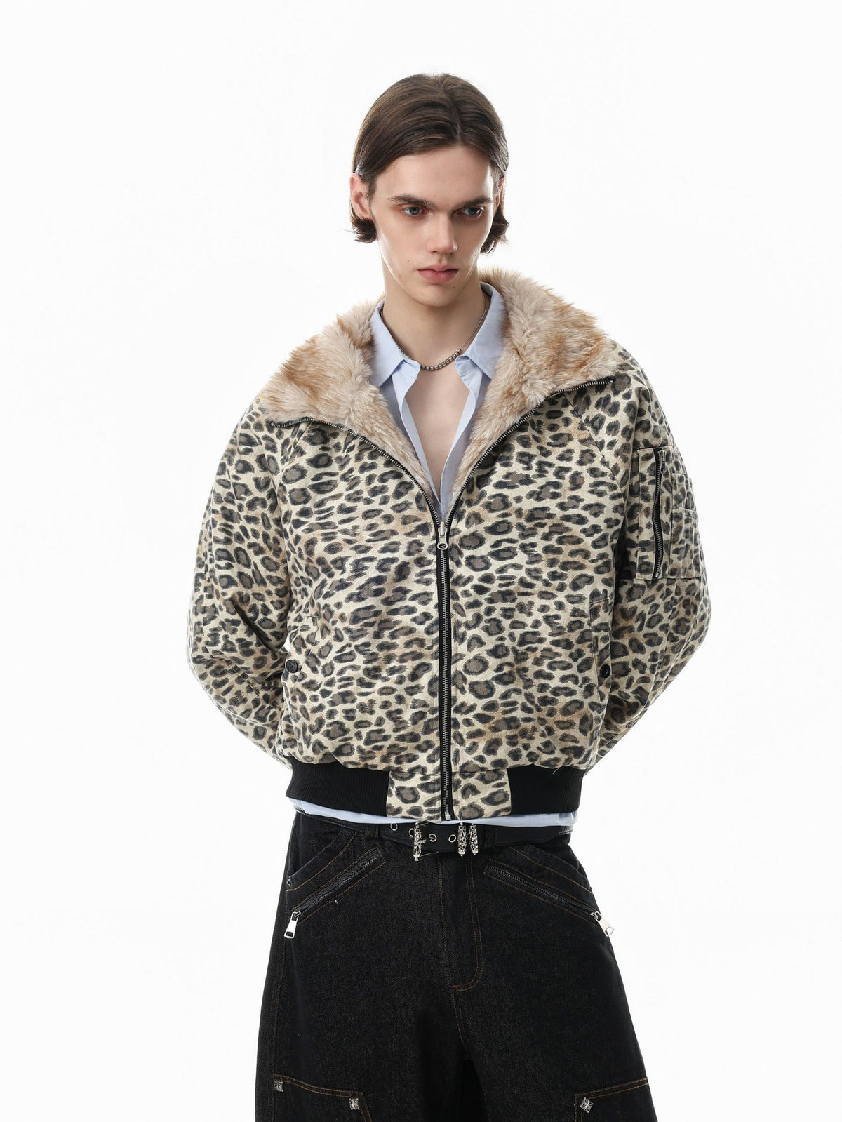 Reversible Faux Fur & Leopard Print Bomber Jacket – Oversized Retro American