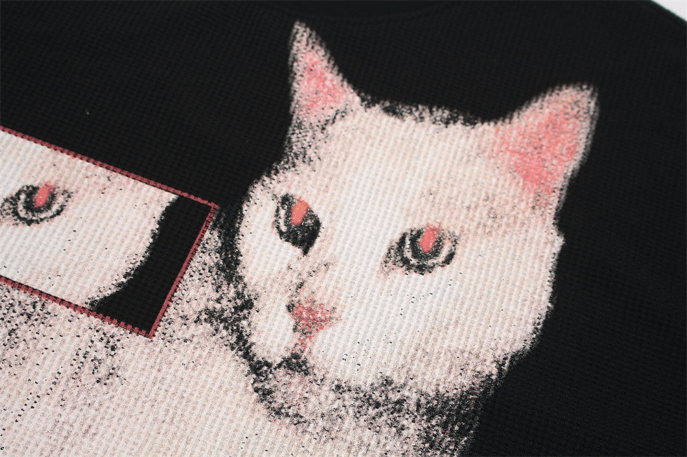 Black Long Sleeve Shirt Women — Oversized Cat Graphic Waffle-Knit Crew Neck Top