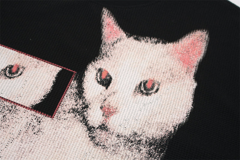 Black Long Sleeve Shirt Women — Oversized Cat Graphic Waffle-Knit Crew Neck Top