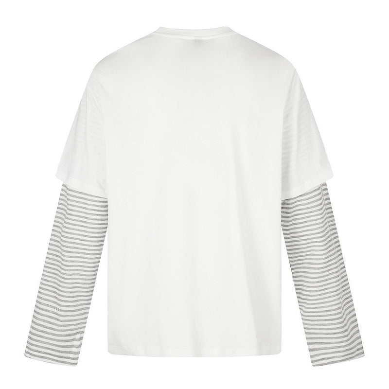Faux-Layered Graphic Long Sleeve Tee with Black & White Striped Sleeves