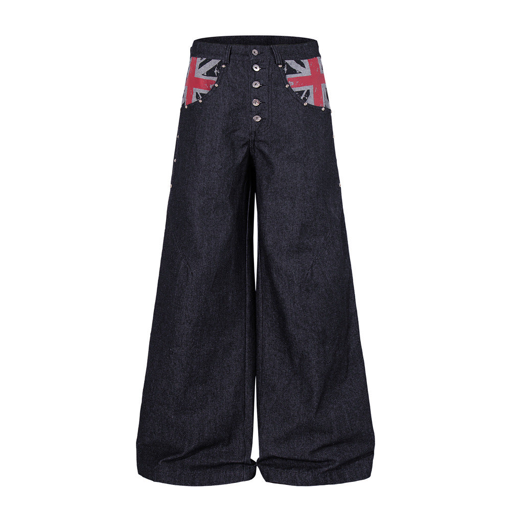 Wide-Leg Denim Jeans with Union Jack Print & Button Fly
