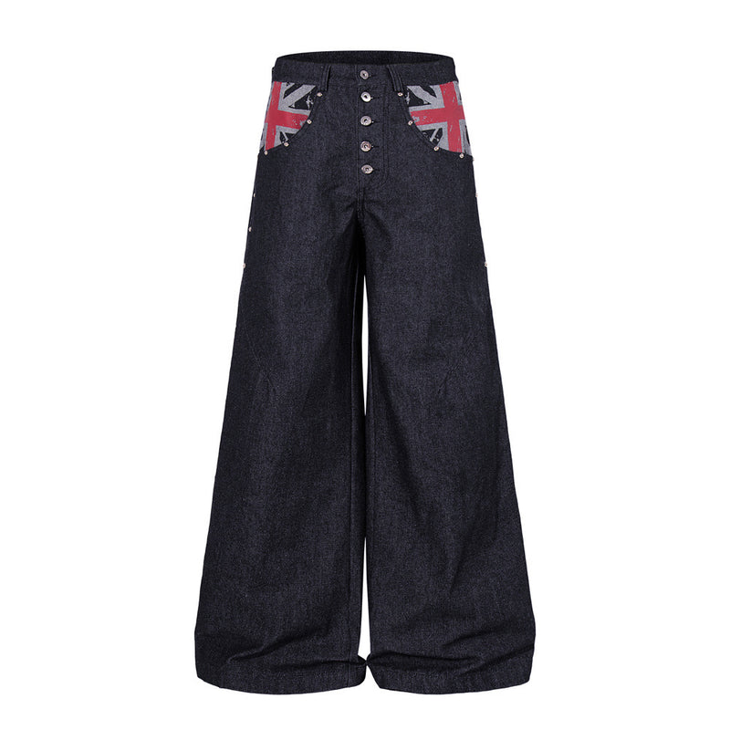 Wide-Leg Denim Jeans with Union Jack Print & Button Fly