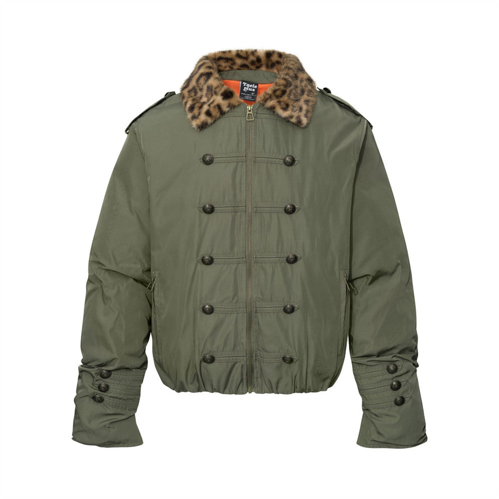 Men's Double-Breasted Padded Jacket with Leopard Faux-Fur Collar