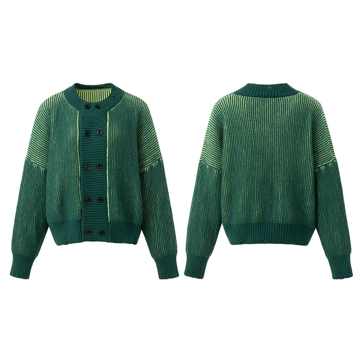 Double-Breasted Knitted Cardigan – Retro Drop-Shoulder Ribbed Sweater in Green