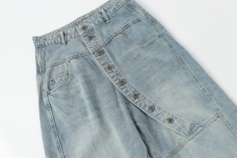 Men's Wide Leg Barrel Jeans – Diagonal Button Fly, Vintage Washed Denim