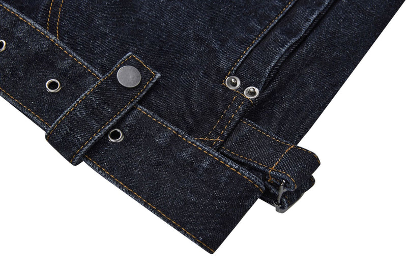 Veste biker moto en denim – Col montant indigo foncé, poches zippées et base ceinturée