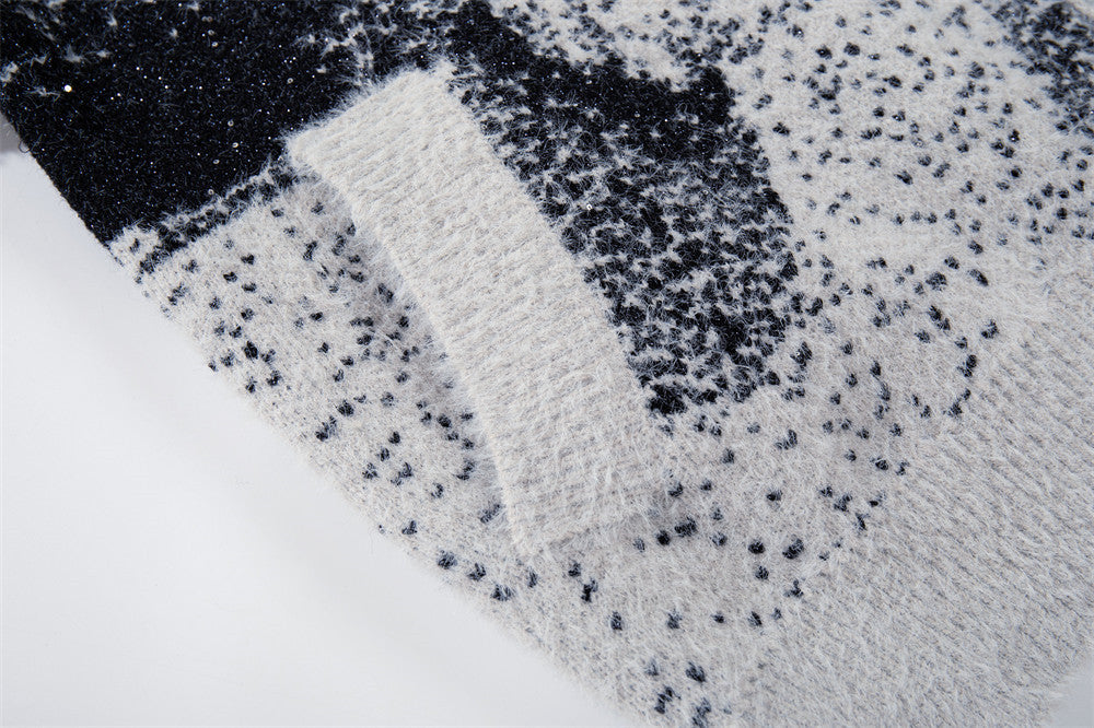 Katzen-Jacquard-Strick-Cardigan mit Reißverschluss – Oversized-Stehkragen