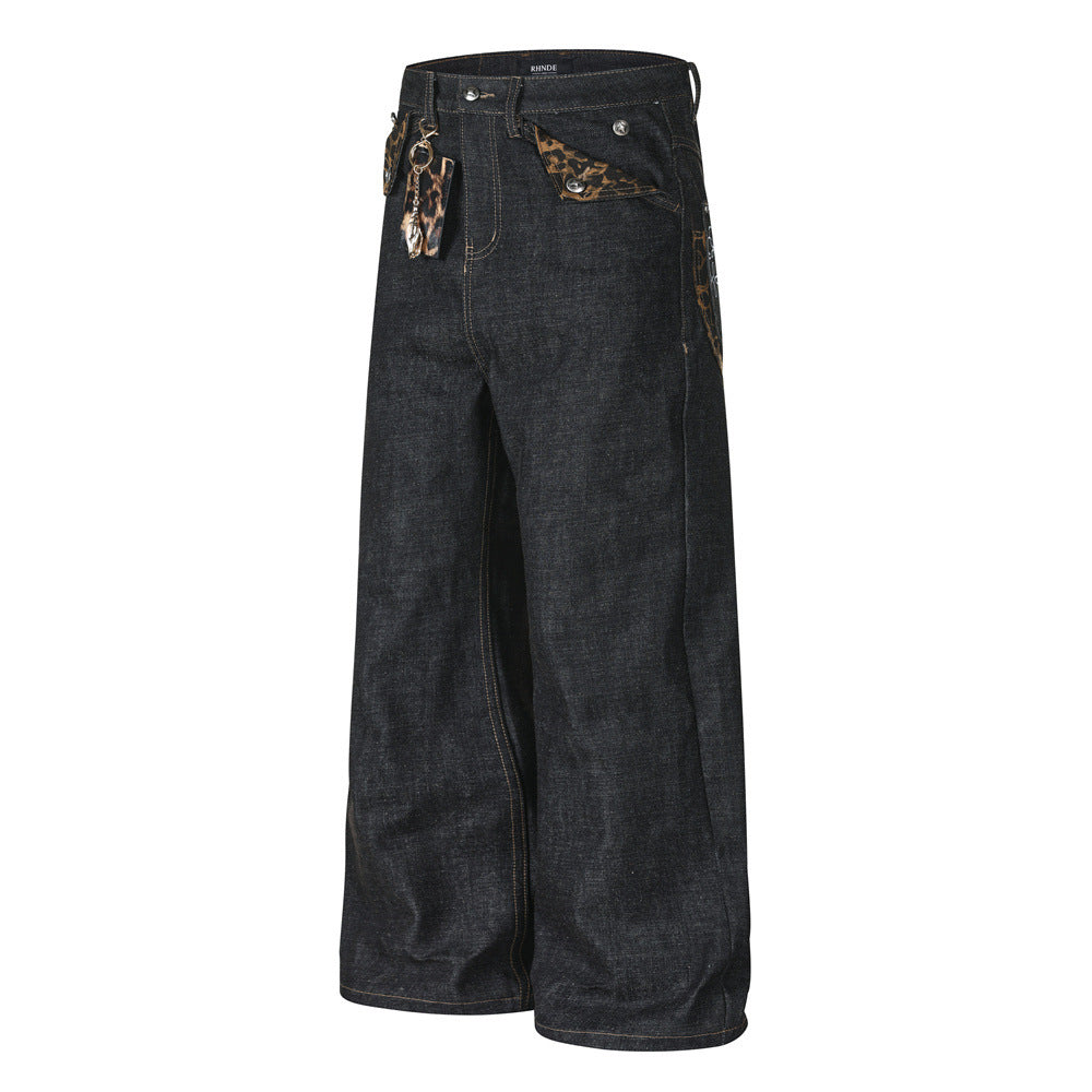 Baggy Black Jeans Men's Wide-Leg Denim with Leopard Print Pockets & Charm Detail