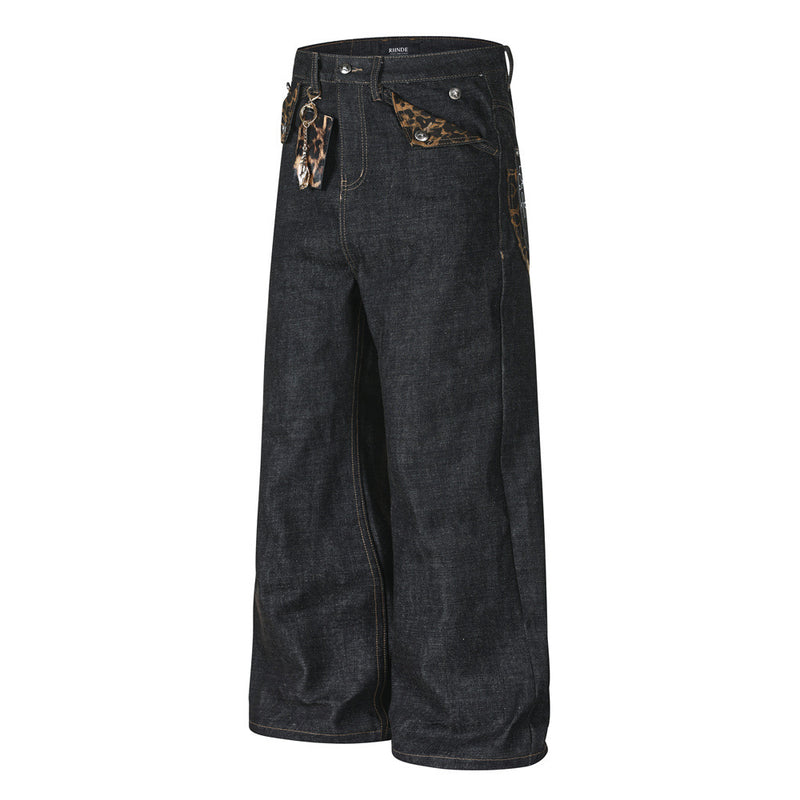 Baggy Black Jeans Men's Wide-Leg Denim with Leopard Print Pockets & Charm Detail