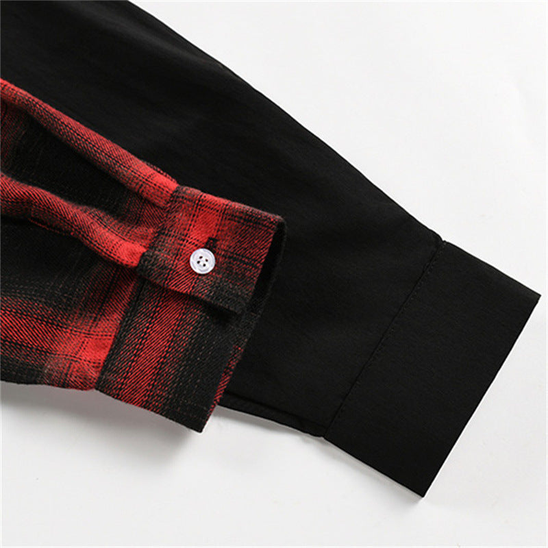Plaid Patchwork Long Sleeve Shirt – Oversized Fit with Portrait Graphic Print