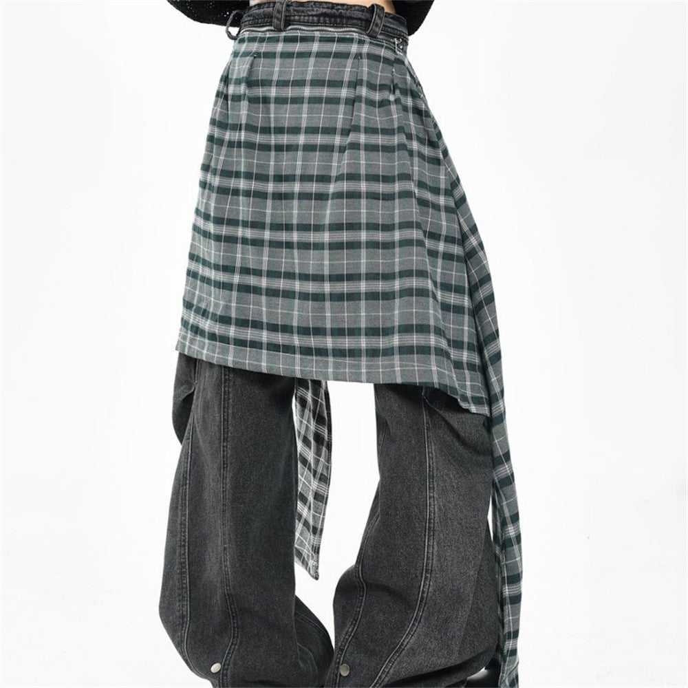 Wide-Leg Jeans with Detachable Plaid Skirt Overlay — Deconstructed Punk