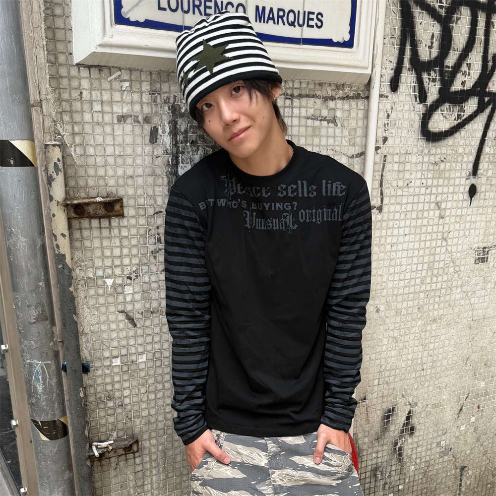 Men's Gothic Letter Print Long-Sleeve Tee with Striped Sleeve Splice