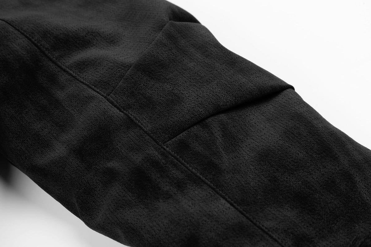 Schwarze Bomberjacke mit Wildlederoptik, Kunstpelzkragen und Wattierung im Biker-Stil