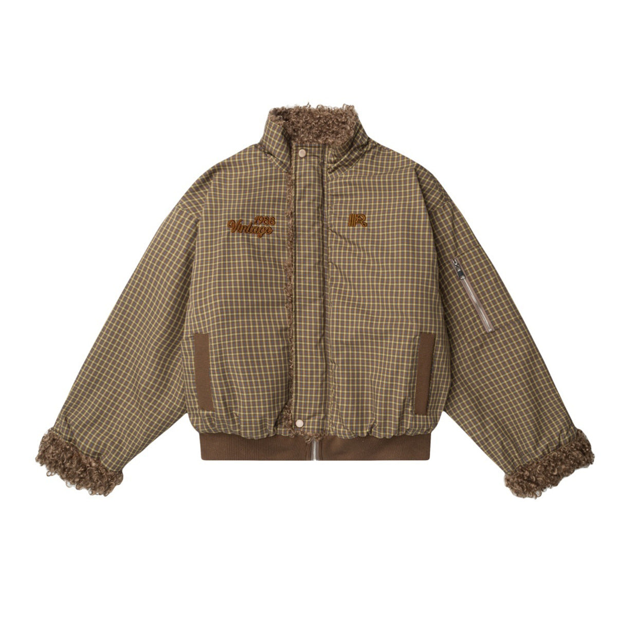 Reversible Plaid & Sherpa Bomber Jacket – Vintage 1988 Embroidered Padded Coat