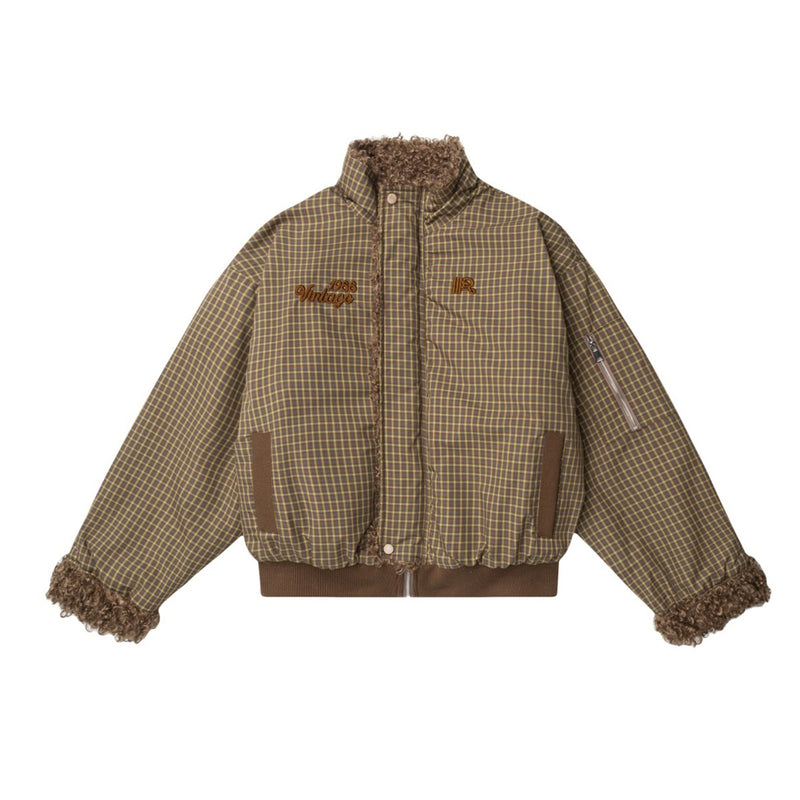 Reversible Plaid & Sherpa Bomber Jacket – Vintage 1988 Embroidered Padded Coat