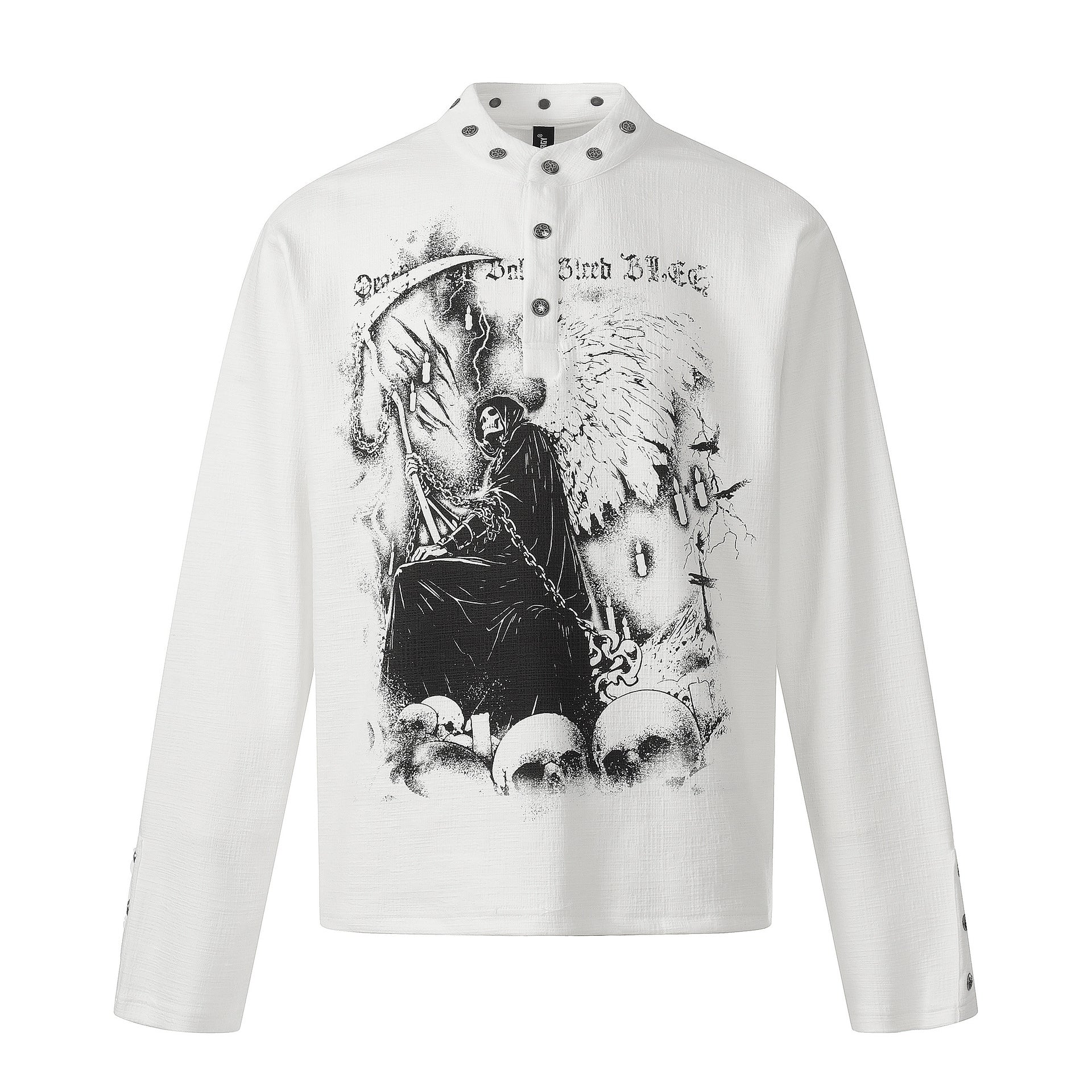 Chemise gothique à manches longues avec motif Faucheur et col officier clouté