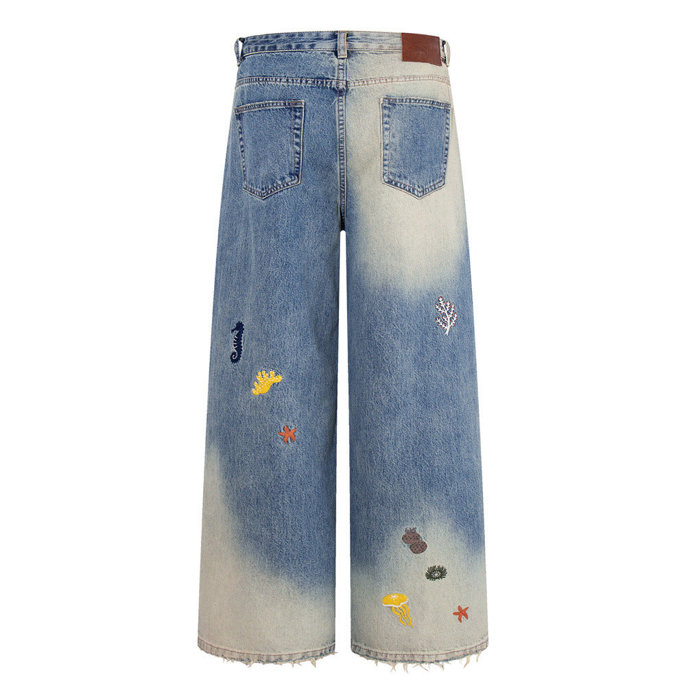 Wide-Leg Jeans with Ocean Embroidery & Gradient Wash