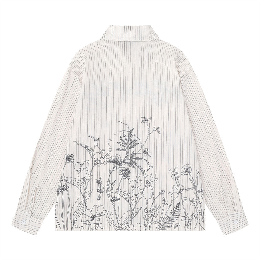 Striped Long Sleeve Shirt Men — Botanical Line Art Print, Relaxed Fit