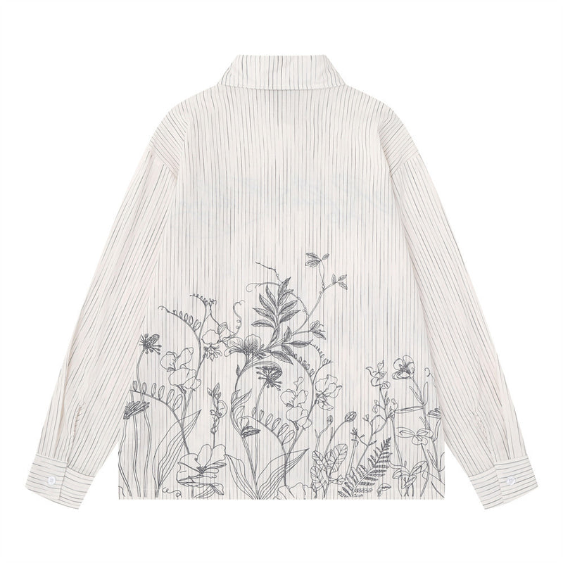 Striped Long Sleeve Shirt Men — Botanical Line Art Print, Relaxed Fit