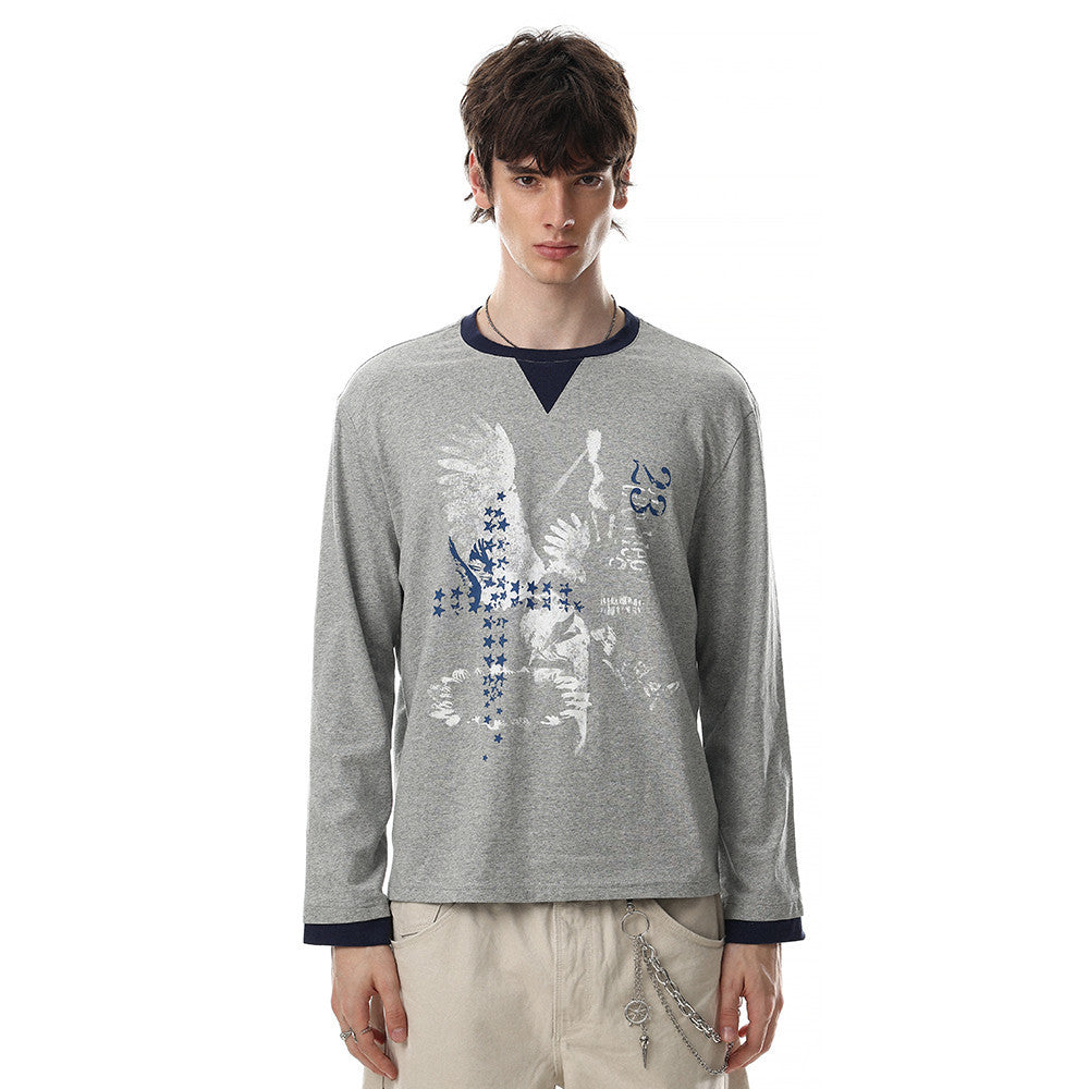 Men's heather grey long sleeve tee with eagle and star graphic print and navy colorblock crew neck collar and cuffs