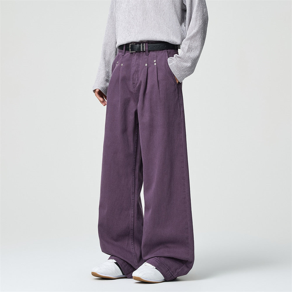 Wide-Leg Pleated Trousers – Men's High-Street Solid Color Straight-Cut Pants