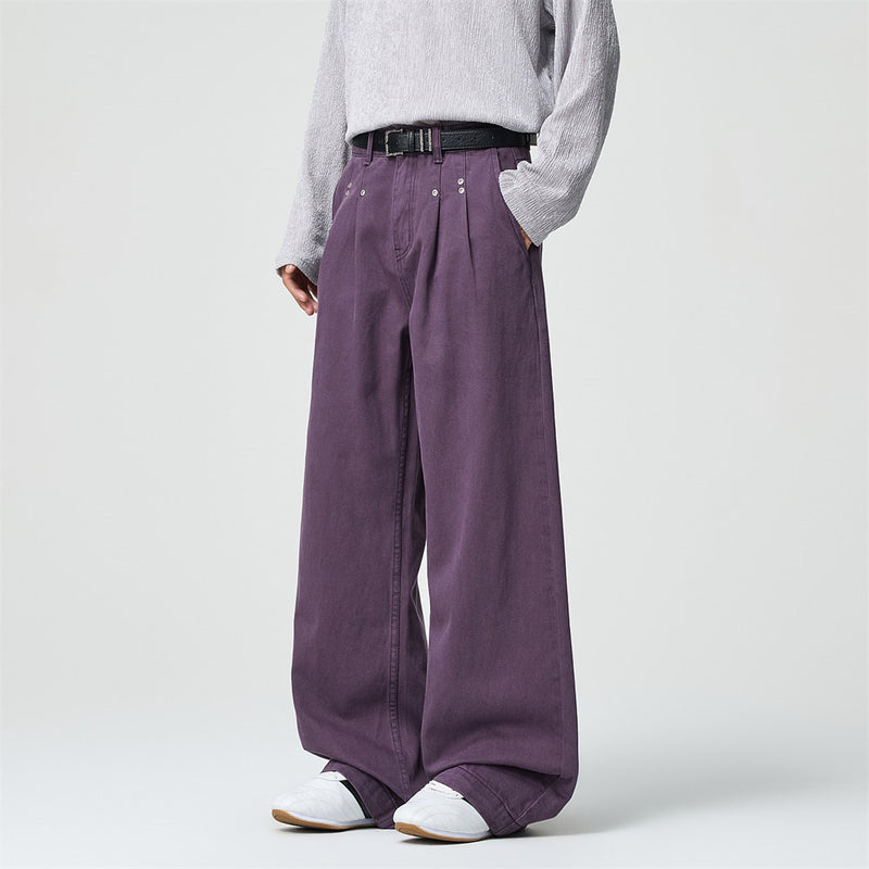 Wide-Leg Pleated Trousers – Men's High-Street Solid Color Straight-Cut Pants