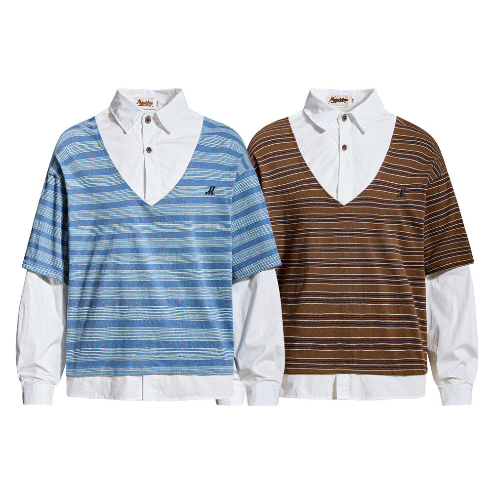 Striped faux two-piece polo collar long sleeve tee in caramel brown and sky blue, oversized relaxed fit with embroidered logo