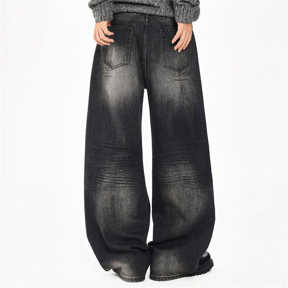 Wide-Leg-Baggy-Jeans – Verwaschene schwarze Distressed-Denim-Herrenjeans