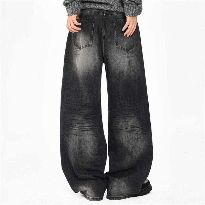 Wide-Leg-Baggy-Jeans – Verwaschene schwarze Distressed-Denim-Herrenjeans