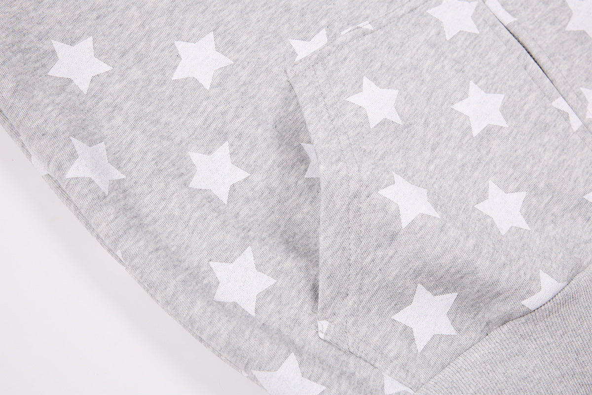 Sweat zippé à oreilles de chat – Corps à imprimé étoiles, manches raglan rayées et broderie