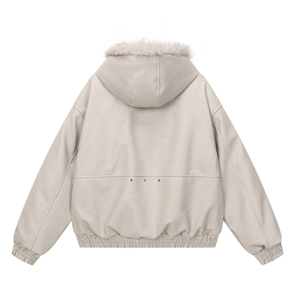 Faux Leather Hooded Bomber Jacket with Faux Fur Collar & Padded Lining