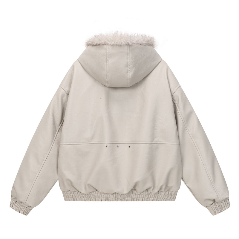 Faux Leather Hooded Bomber Jacket with Faux Fur Collar & Padded Lining