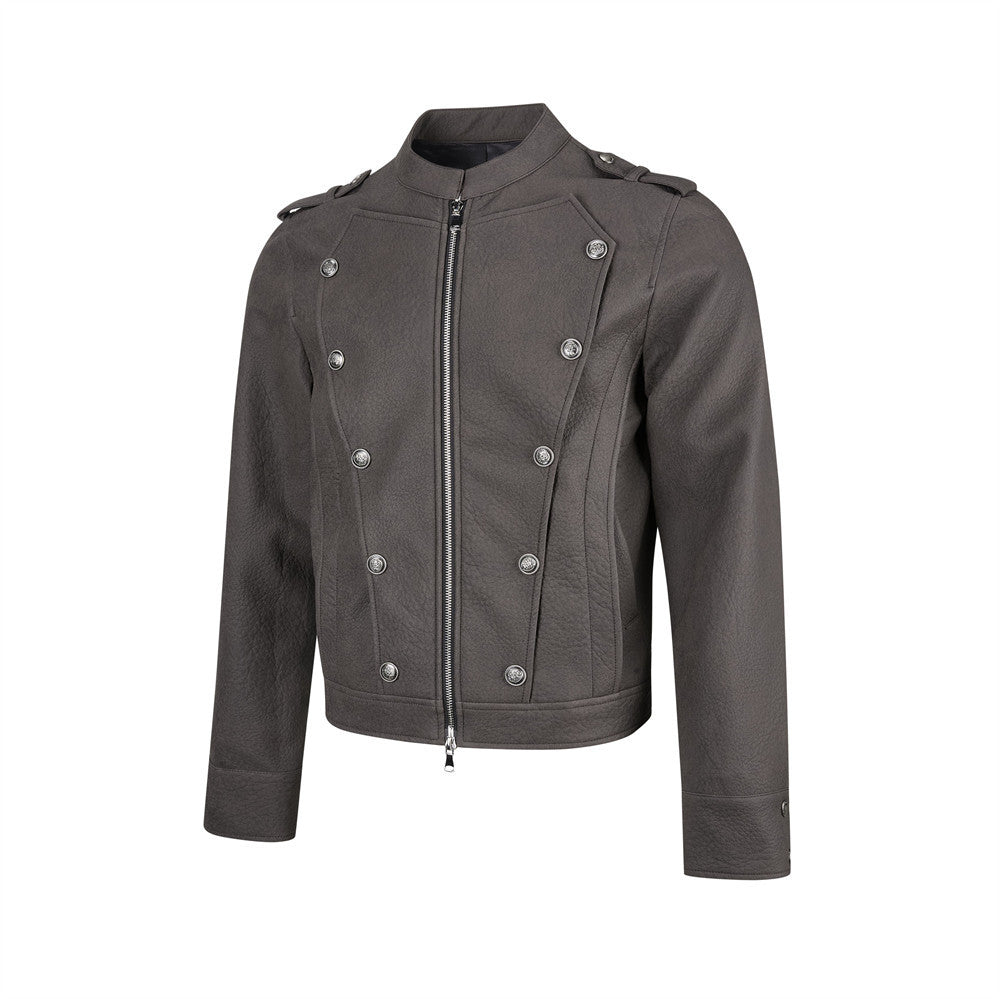 Men's Faux Leather Military Jacket – Double-Breasted Stand Collar Short Coat