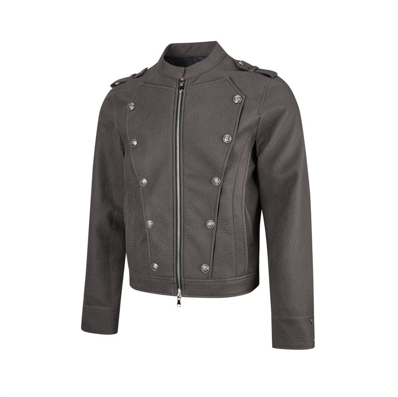 Men's Faux Leather Military Jacket – Double-Breasted Stand Collar Short Coat
