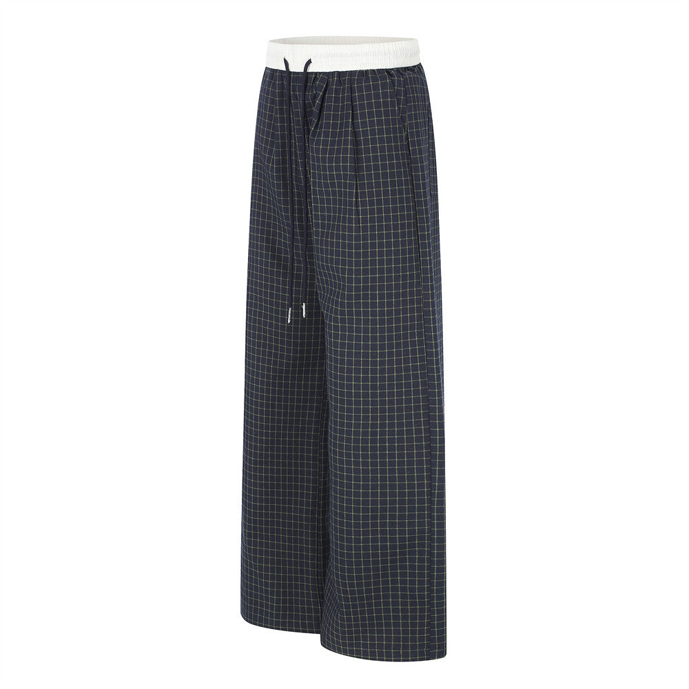 Plaid Wide-Leg Pants – Contrast Elastic Waistband, Relaxed Fit